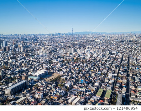 Aerial view Matsudo city overlooking the city center from the Edo River 121496954