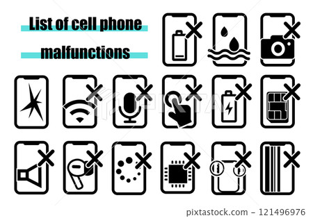 Mobile phone and smartphone malfunction list icon collection Mobile phone and smartphone malfunction list icon collection 121496976