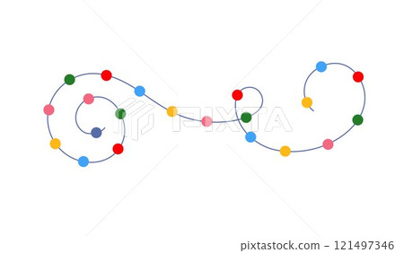 Christmas colorful multicolored lights curly string garland simple doodle hand drawn vector illustration, flat style cartoon image for winter New Year holiday, birthday events design 121497346