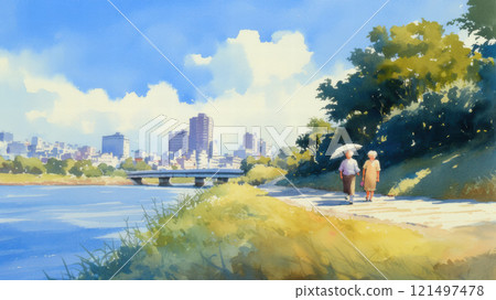 An elderly couple walking along a river, painted in watercolors 121497478