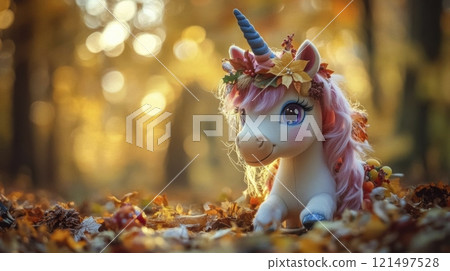 A colorful unicorn toy surrounded by autumn leaves. 121497528