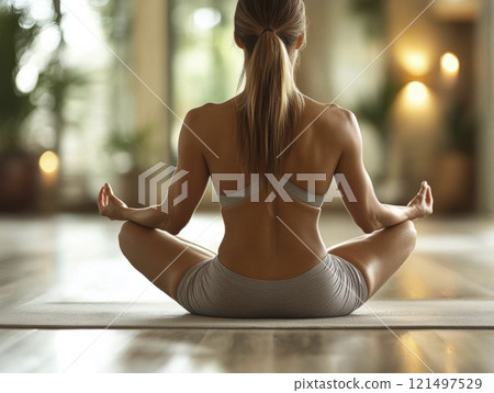 Woman meditating in a serene environment, focused on mindfulness. 121497529