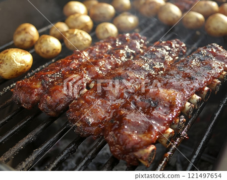 Grilled ribs with potatoes on a barbecue grill, smoky background. Grilled ribs with potatoes on a barbecue grill, smoky background. 121497654