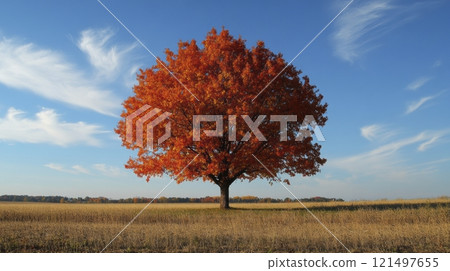 Single orange tree against a clear blue sky. 121497655