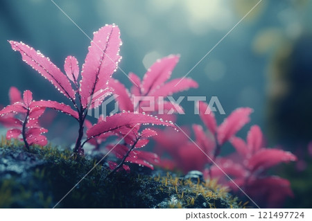Vibrant pink leaves with dew in a misty forest setting. 121497724