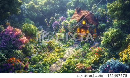 Charming cottage surrounded by colorful flowers and greenery. 121497776