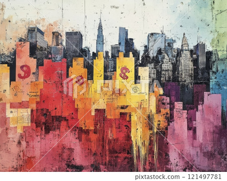 Colorful abstract city skyline illustration, vibrant colors. 121497781
