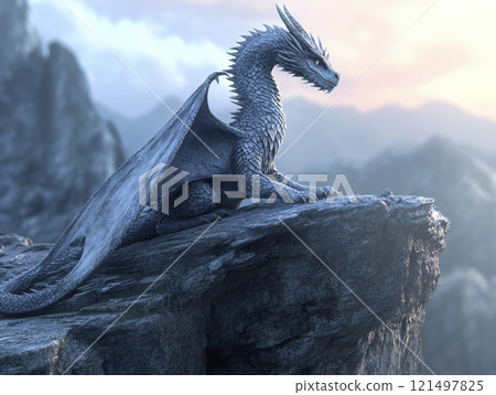 Majestic dragon perched on a rocky cliff, scenic landscape view. 121497825