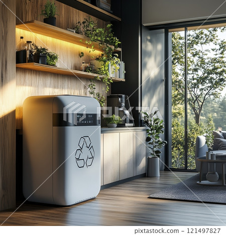 Modern kitchen interior with recycling bin and shelves. 121497827