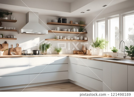 Modern Contemporary kitchen room interior .white and wood material. real new interior design 121498189