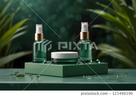 Light green background against a blank cosmetic tube leaning on a glass box with green tea leaves inside, green tea branches decoration around. Photo was shot from front view, space for text 121498190