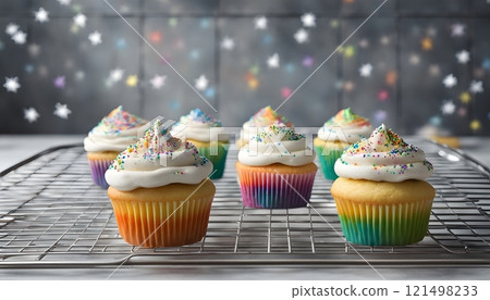 Sugar sprinkles falling on stack of colorful cupcakes 121498233