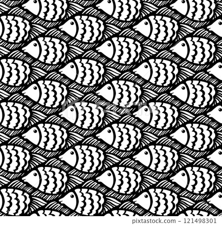 Black and White Cartoon Fish Tessellation with Smooth Flowing Lines 121498301