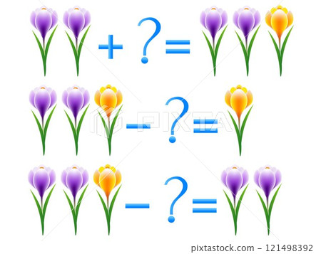 Action relationship of addition and subtraction, examples with crocuses. Educational games for children. Action relationship of addition and subtraction, examples with crocuses. Educational games for children. 121498392