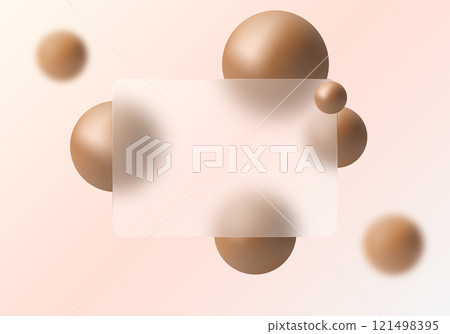 Floating spheres in chocolate brown shade with rectangular transparent banner, glass morphism style background. Floating spheres in chocolate brown shade with rectangular transparent banner, glass morphism style background. 121498395