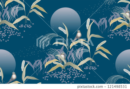 Vector illustration of a seamless pattern of Silver Grass Field with Little Bird. The design can be used for creating invitation cards, picture frames, or posters. Vector illustration of a seamless pattern of Silver Grass Field with Little Bird. The design can be used for creating invitation cards, picture frames, or posters. 121498531