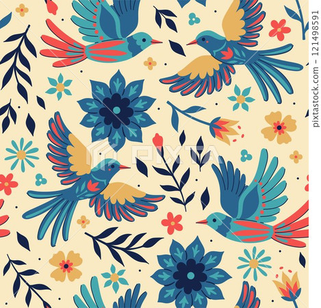 Seamless pattern with birds and flowers in folk style. Vector graphics. Seamless pattern with birds and flowers in folk style. Vector graphics. 121498591