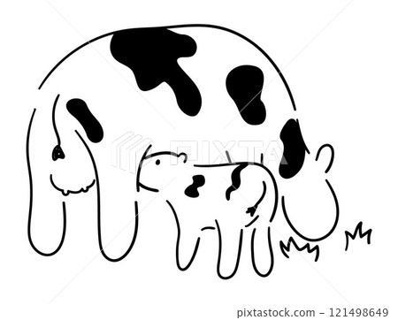 Hand drawn cute cow, cow doodle, black and white cow, vector illustration of cow and calf 121498649