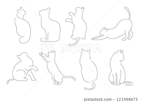 Cat line, Cat sitting with curled tail, different cat silhouette one line hand drawn  121498673