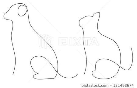 Hand Drawn Outlines of a dog and a cat, One continuous line drawing of dog and cat 121498674