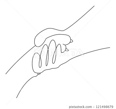 Hand and dog paw holding each other, Close up of dog shaking hands with her owner line art 121498679