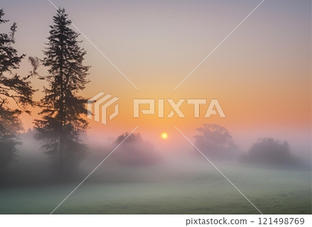 Dense fog near forest edge at sunset time.AI Generated 121498769