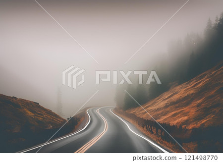 Dense fog covers road, obscuring visibility and making driving hazardous.AI Generated 121498770