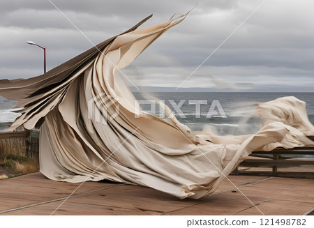 Large fabric blown by strong storm winds, forming shapes near the sea.AI Generated Large fabric blown by strong storm winds, forming shapes near the sea.AI Generated 121498782