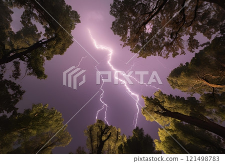 Lightning strikes the top of a large tree.AI Generated 121498783