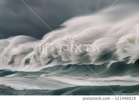 Strong winds create turbulent sea waves, forming high, spreading waves.AI Generated 121498819