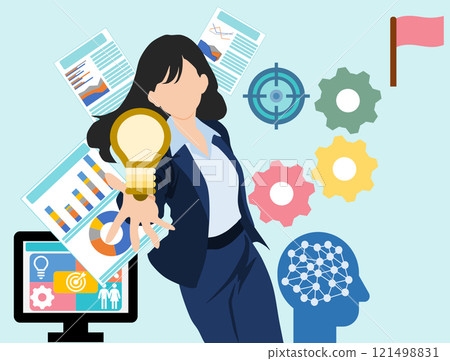 Illustration of a businesswoman thinking about business strategies Illustration of a businesswoman thinking about business strategies 121498831