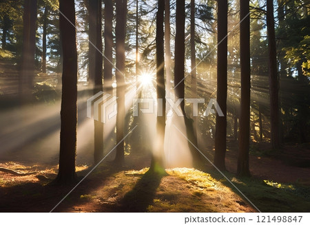 Sunlight filters through trees in the forest, creating a breathtaking scene.AI Generated 121498847