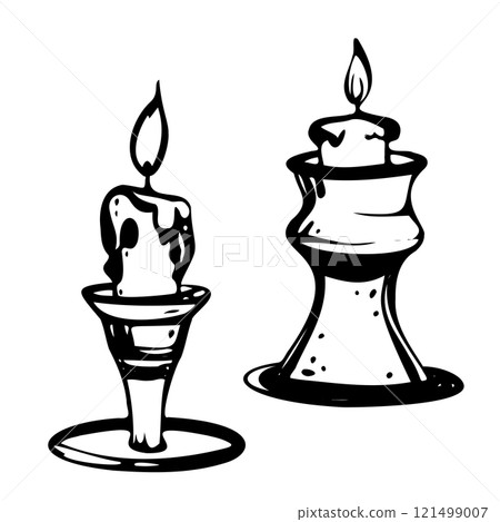 Vector Candle Illustration in outline style. Hand-drawn flame and wax design painted in black ink for cozy home decor or celebration invitations. Line art engraving of candlelight for logo or symbol. Vector Candle Illustration in outline style. Hand-drawn flame and wax design painted in black ink for cozy home decor or celebration invitations. Line art engraving of candlelight for logo or symbol. 121499007