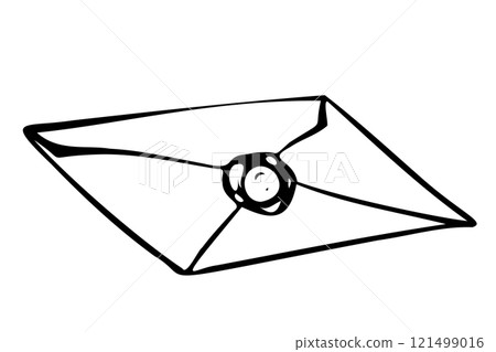 Vector Envelope Illustration in outline style. Vintage hand-drawn mail design painted with black inks for invitations. Linear postal art for logo or branding. Black and white engraving-style. 121499016