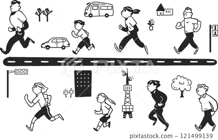 Running people of all ages and genders and icon set monochrome stock illustration material 121499139