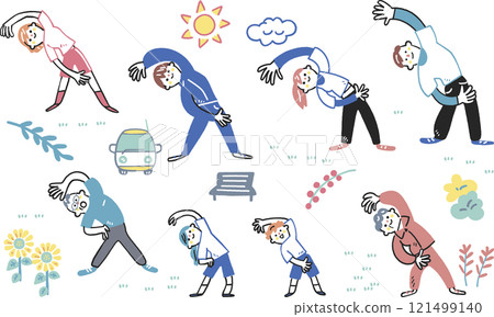 Stock illustration material of icon set of men and women of all ages doing side bending exercise Stock illustration material of icon set of men and women of all ages doing side bending exercise 121499140