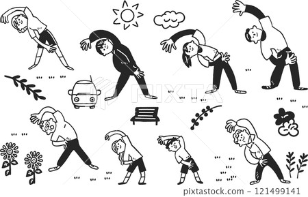 單色股票插圖素材的圖示設定與各個年齡層的男性和女性進行側彎運動 單色股票插圖素材的圖示設定與各個年齡層的男性和女性進行側彎運動 121499141