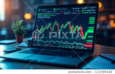 A laptop computer displaying a stock market graph A laptop computer displaying a stock market graph 121499188