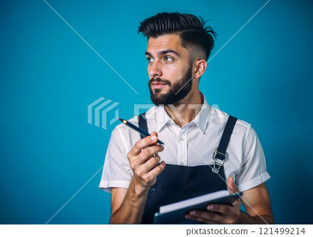 A man with a beard and a black pen is holding a tablet and looking at it 121499214