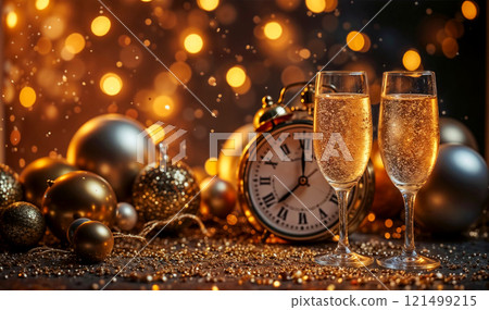 A pair of champagne glasses sit on a table next to a clock A pair of champagne glasses sit on a table next to a clock 121499215