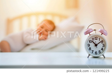 A baby is sleeping on a white pillow next to a white alarm clock 121499225