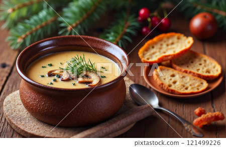 A bowl of soup with mushrooms and a spoon next to it 121499226