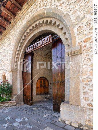 Entrance to Upper Caravanserai in Shaki Azerbaijan showcasing historical architecture Entrance to Upper Caravanserai in Shaki Azerbaijan showcasing historical architecture 121499347