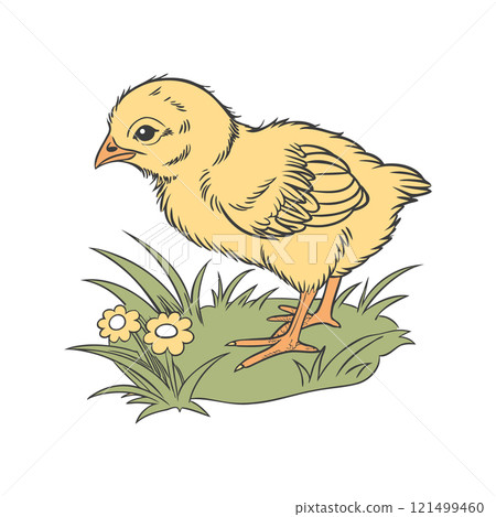 Yellow chick in the grass with flowers. Cute poultry illustration. Yellow chick in the grass with flowers. Cute poultry illustration. 121499460