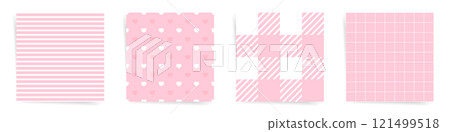 Set of pink seamless patterns. Striped, heart, checkered, and grid designs for Valentines day. Perfect love themed backgrounds for creative projects. 121499518
