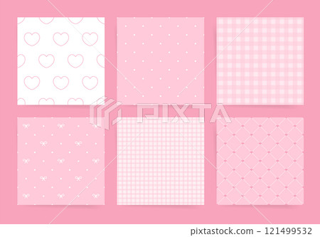 Set of six pink seamless patterns. Outlined hearts, polka dots, gingham, bows, plaid, and diamond hearts. Perfect Valentines day backgrounds for love themed creative projects. 121499532