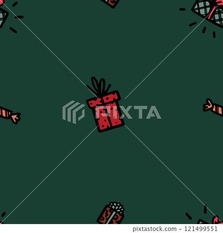Seamless vector Christmas and New Year pattern with beautifully wrapped gifts and festive crackers on a dark green background Seamless vector Christmas and New Year pattern with beautifully wrapped gifts and festive crackers on a dark green background 121499551