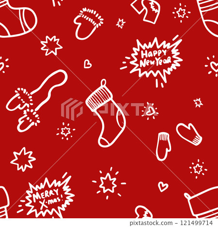 Christmas and New Year seamless pattern with mittens, socks, boots, stars and festive speech bubbles on red 121499714