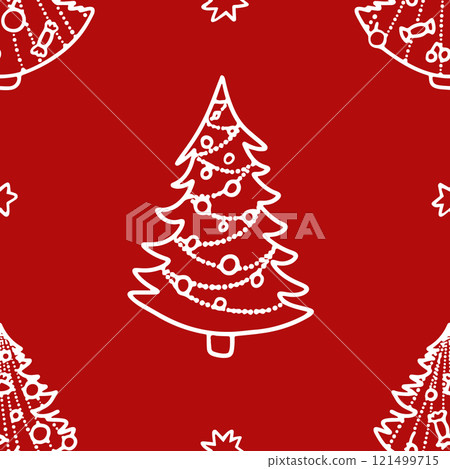 Seamless Christmas vector pattern with hand drawn trees and decorations on a red background Seamless Christmas vector pattern with hand drawn trees and decorations on a red background 121499715