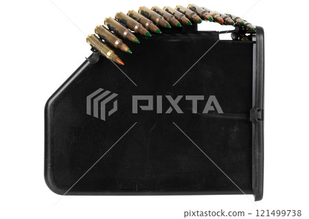 5.56 mm ammunition belt with cartridges in ammunition box 121499738